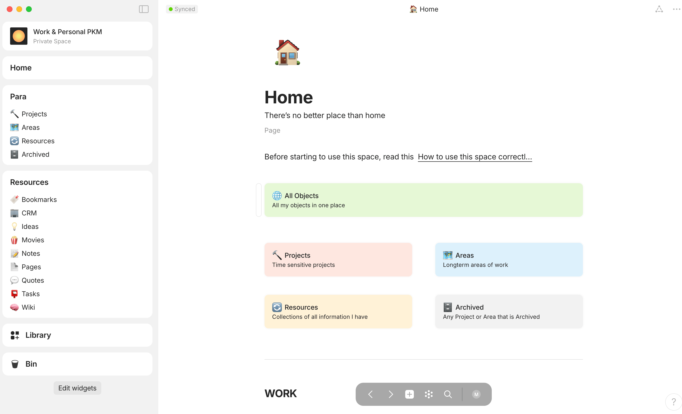 Anytype desktop workspace for a personal and work knowledge-management setup.