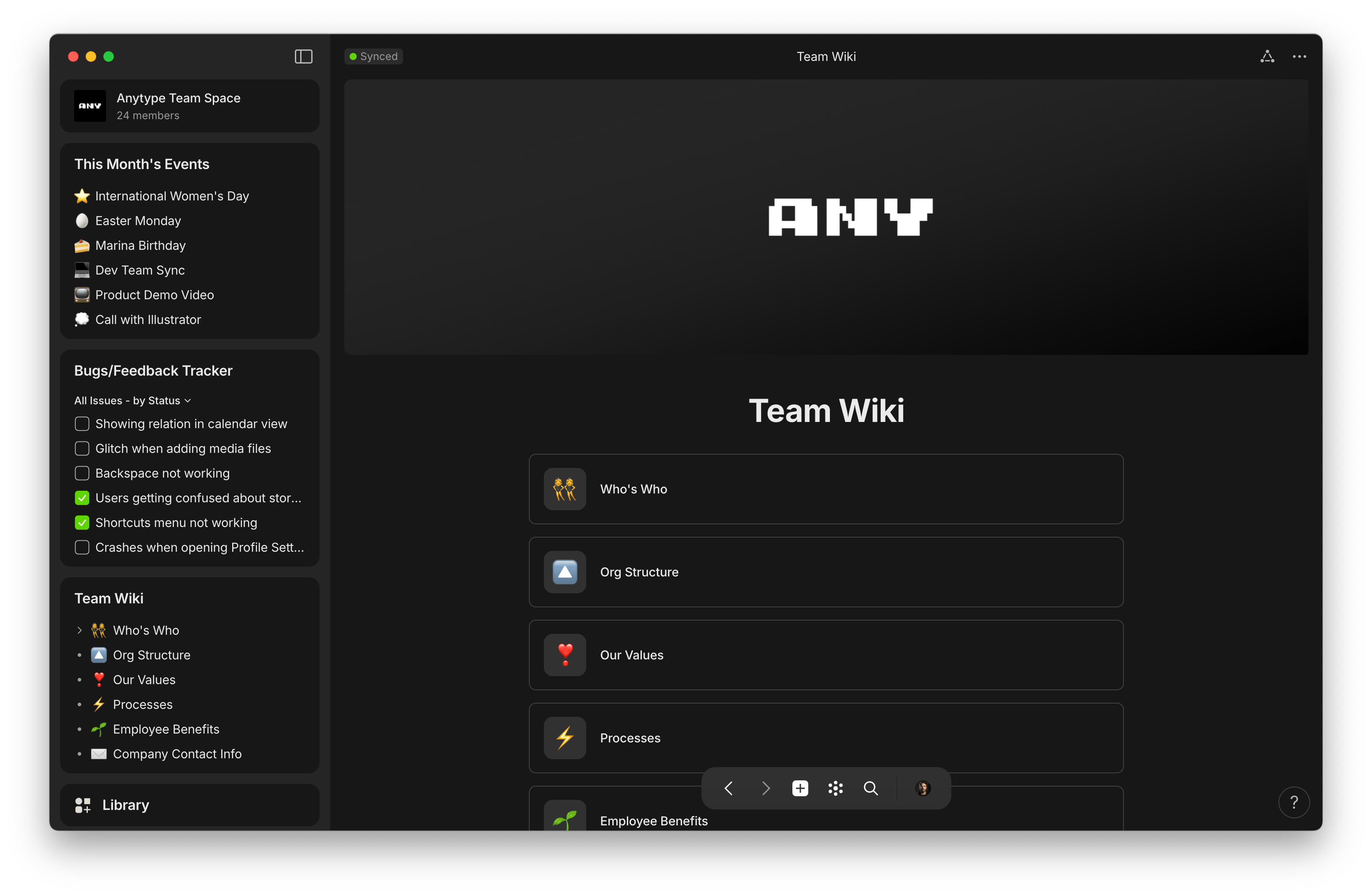 Anytype desktop team workspace with collaborative project information.
